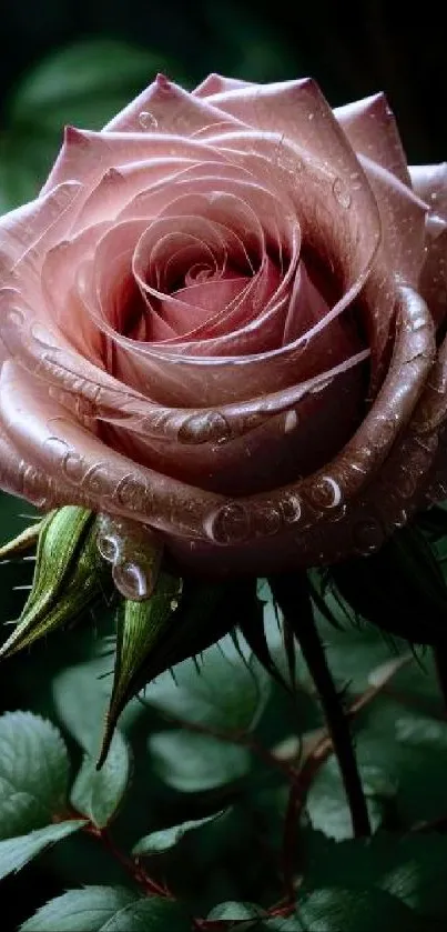 Elegant pink rose with dew droplets on petals.