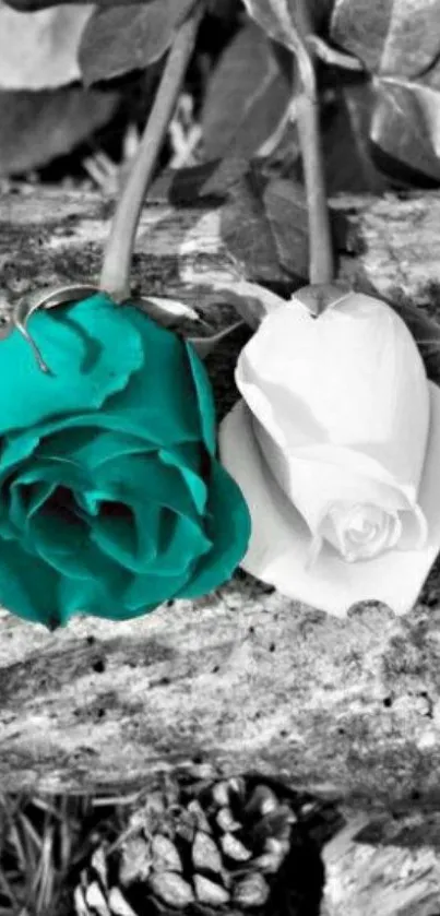 Teal and white roses on rustic backdrop.