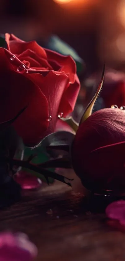 Elegant red roses with water droplets in a romantic evening setting.