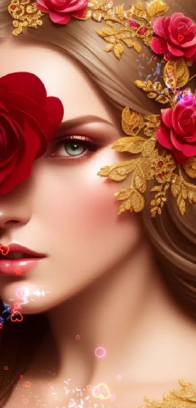 Elegant woman with roses and gold embellishments in fantasy art.