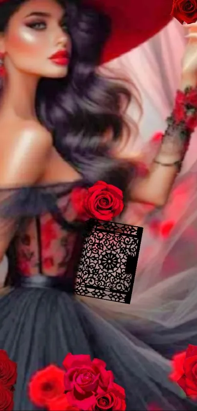 Elegant woman in red, fantasy art with vibrant roses.