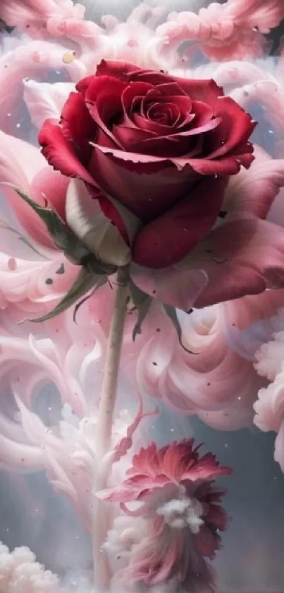 Elegant fantasy art wallpaper with a red rose and soft pink clouds.