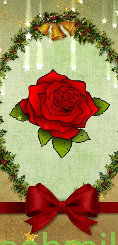 Festive mobile wallpaper with red rose and wreath design.