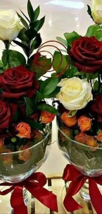 Double rose arrangements in glass vases with red and white roses.