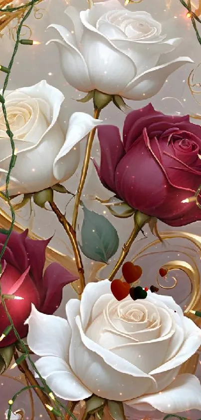 Elegant roses with golden accents on a floral wallpaper background.