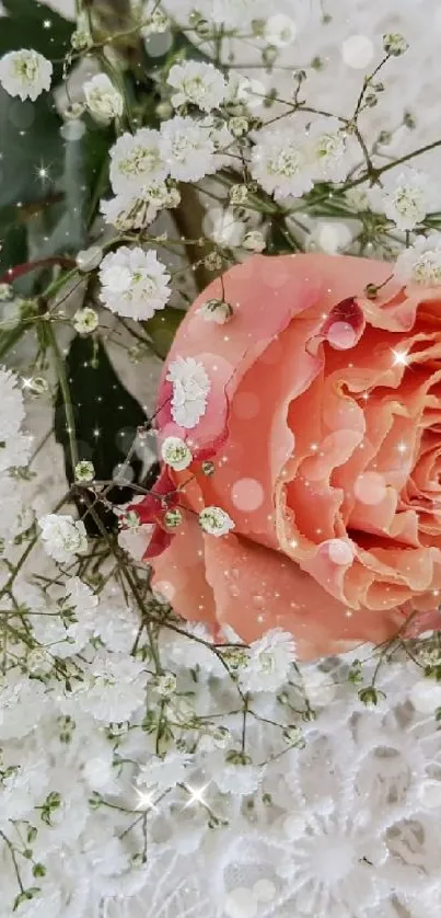 Delicate pink rose on lace background with white flowers.