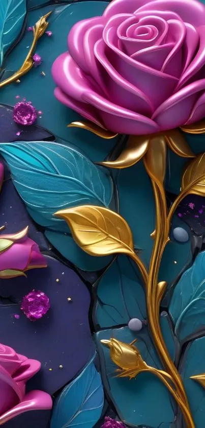 Elegant rose design with gold leaves.