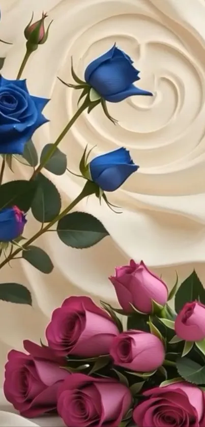 Blue and pink roses on a cream background wallpaper.