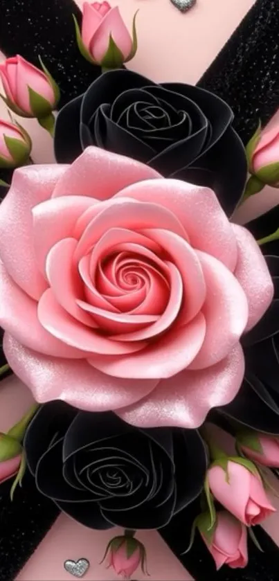 Elegant mobile wallpaper with pink and black roses.
