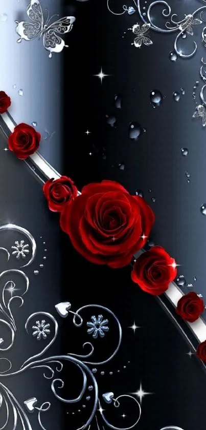 Elegant mobile wallpaper with red roses and silver floral designs.