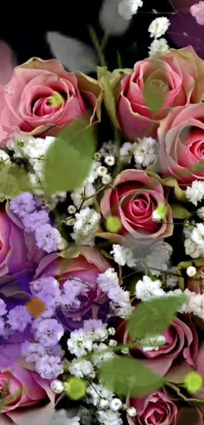 Elegant arrangement of pink roses and white flowers on black background.