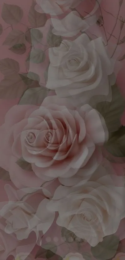 Elegant wallpaper with pink roses and green leaves on a soft pink background.