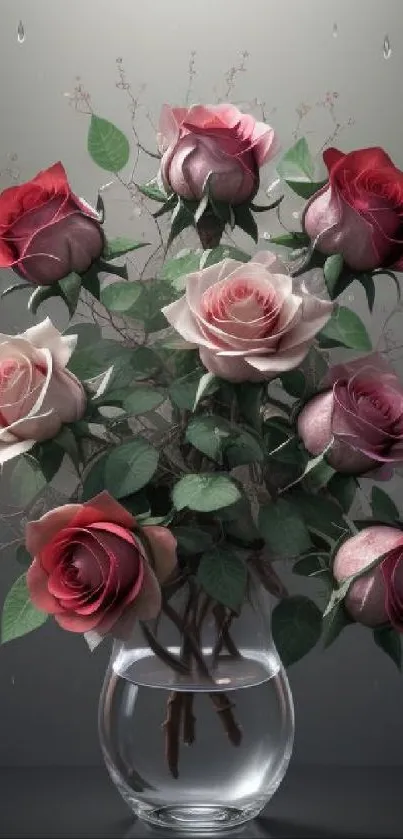 Bouquet of elegant roses in a glass vase against a gray background.