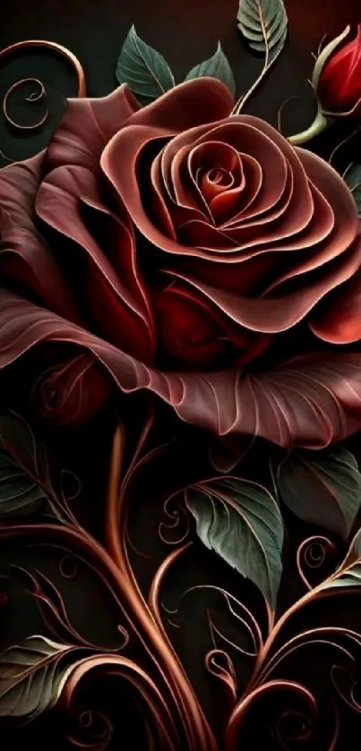 Artistic red rose mobile wallpaper with detailed flower design.