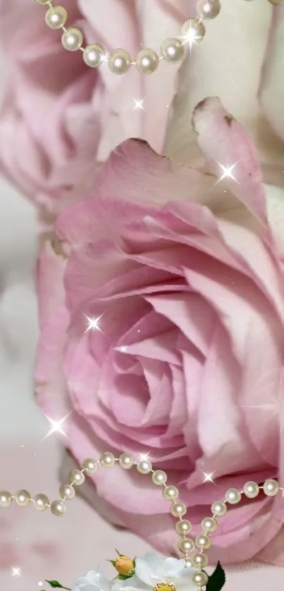 Pink roses with pearls and sparkling accents on a wallpaper.