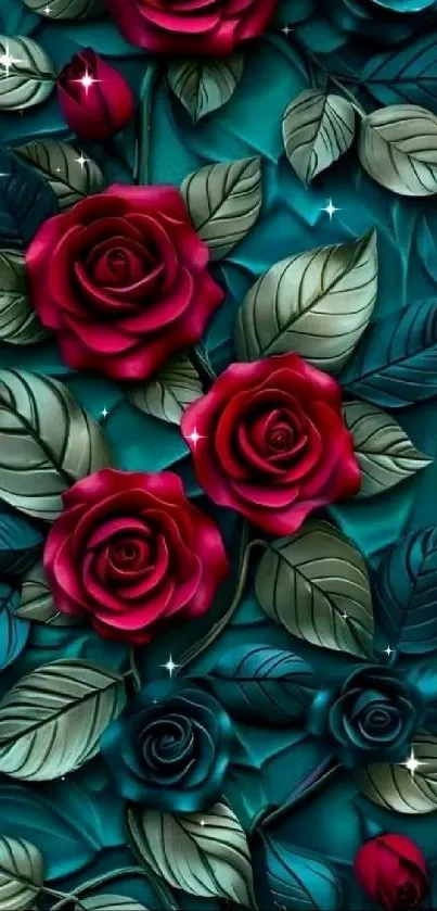 Vibrant red roses with teal leaves wallpaper.