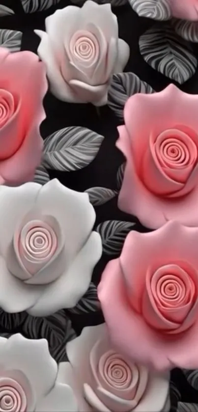 Elegant pink and white rose floral wallpaper with detailed leaves.