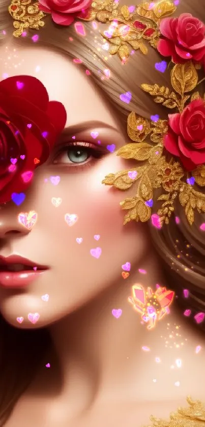 Beautiful woman with floral and gold rose design, elegant wallpaper.