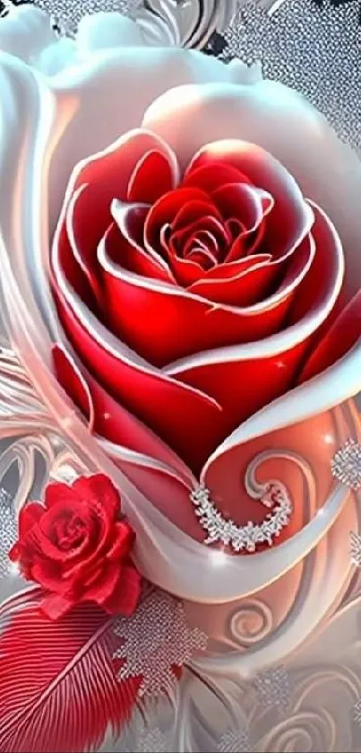 Elegant mobile wallpaper with a detailed red rose and silver accents.