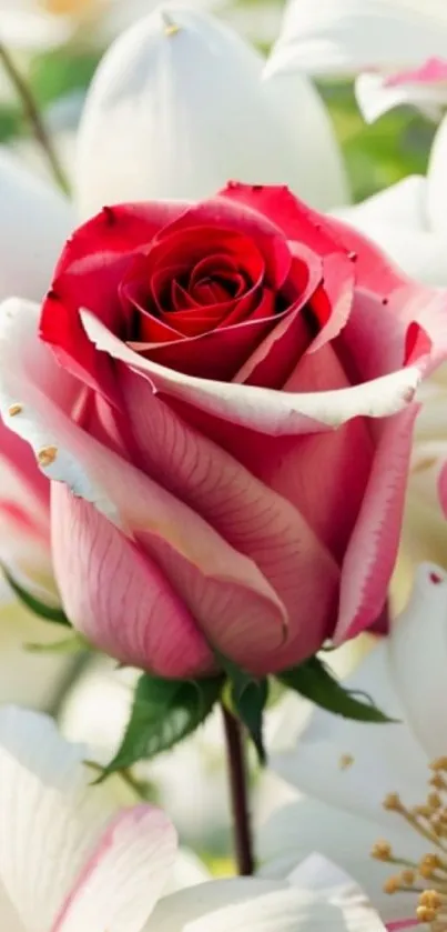 Red rose surrounded by white flowers in a mobile wallpaper.