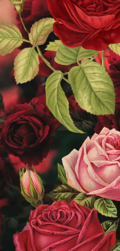 Elegant wallpaper with red and pink roses, and green leaves.