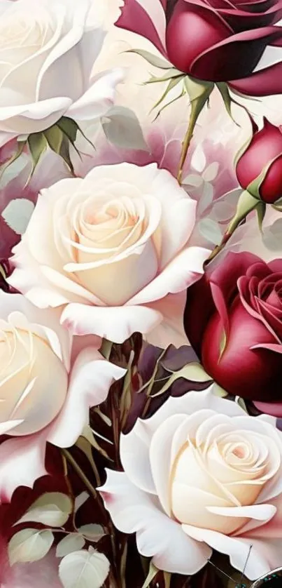 Elegant wallpaper with red and white roses.