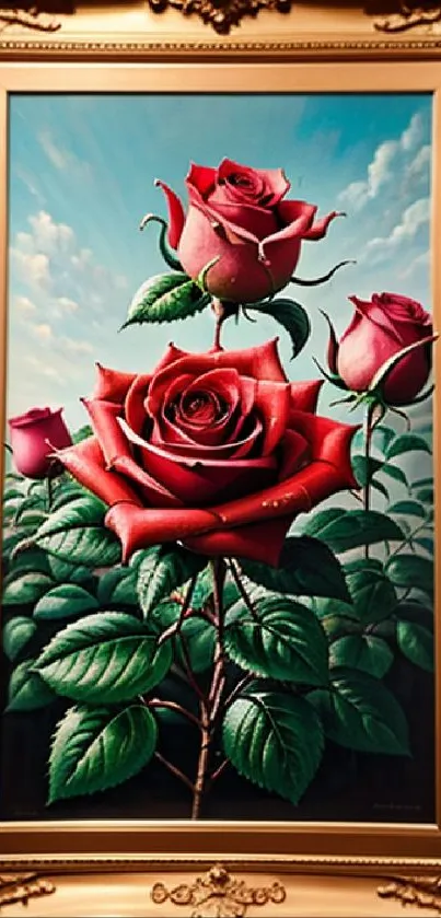 Vibrant red roses in an ornate gold frame, perfect for mobile wallpaper.