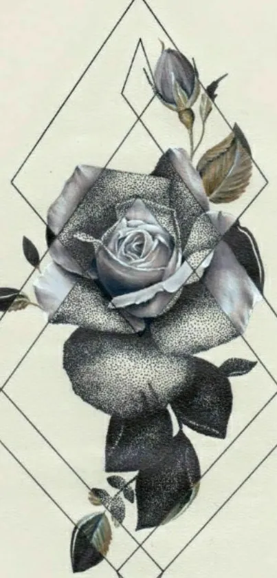 Geometric rose art in greyscale on cream background.