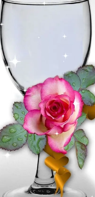 Elegant glass with pink rose and leaves design wallpaper.