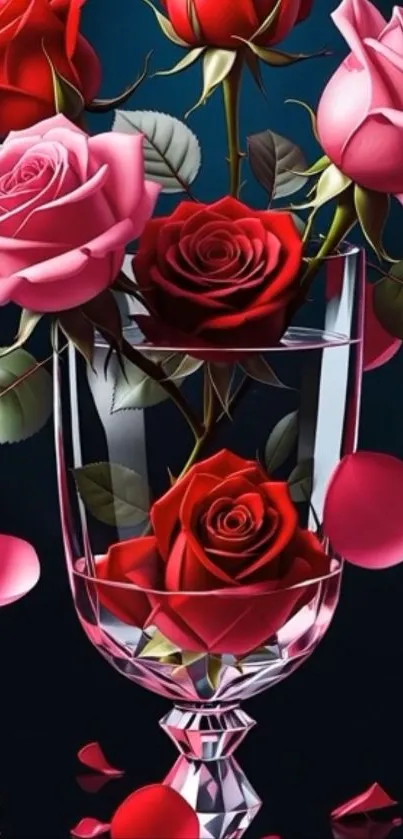 Red and pink roses arranged in a glass vase with falling petals.