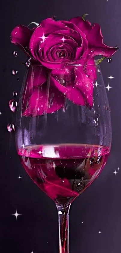 Vibrant red rose in a wine glass with droplets.