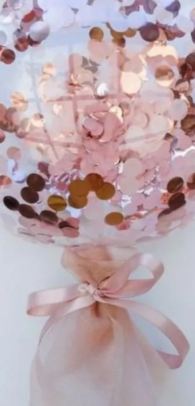 Rose gold confetti balloon with pink ribbon.