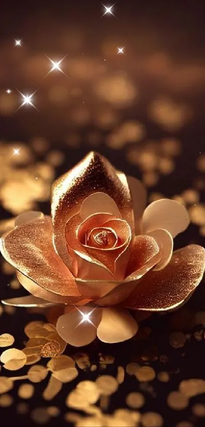 Rose gold flower with bokeh lights.