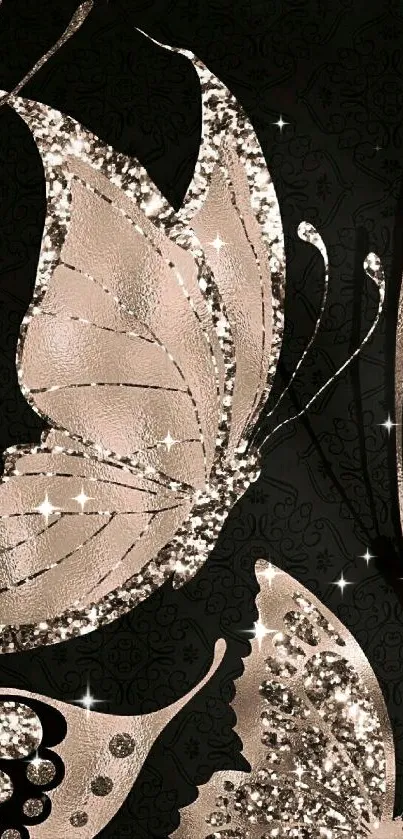 Elegant rose gold butterfly wallpaper with dark background.