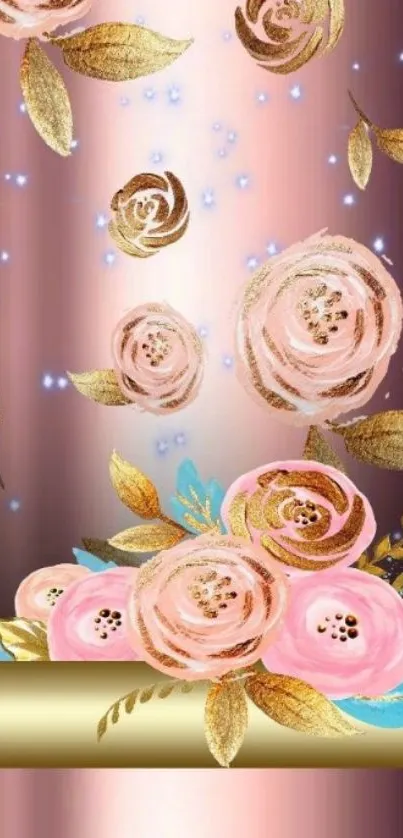 Rose gold floral wallpaper with pink roses and golden leaves.