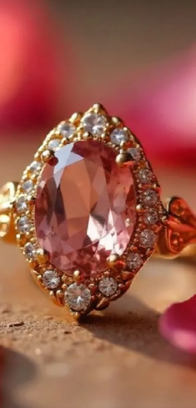 Elegant rose gold ring with pink gemstone and diamond accents.