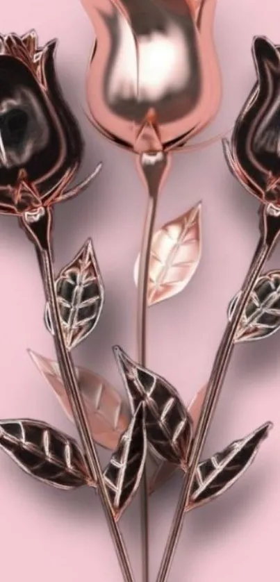 Rose gold roses on a pink background wallpaper.