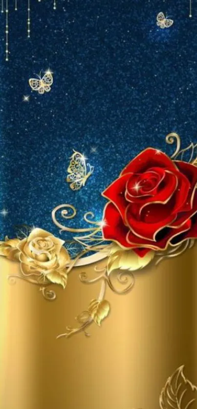 Elegant red rose and gold wallpaper with butterflies.