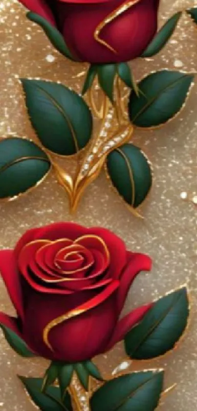 Red roses with green leaves and gold accents on a gold background.