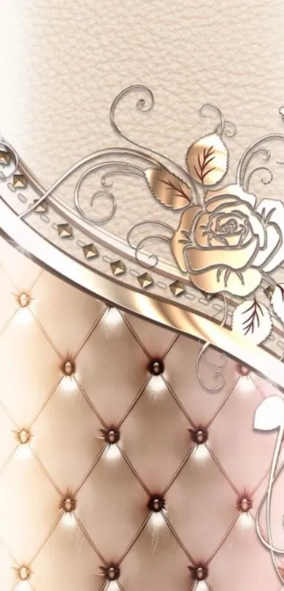 Elegant rose gold wallpaper with floral and quilted patterns.