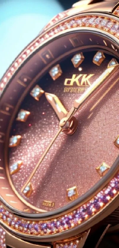 Luxurious rose gold watch face with diamonds in mobile wallpaper.