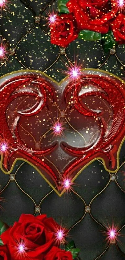 Luxurious red heart and roses on black background mobile wallpaper.