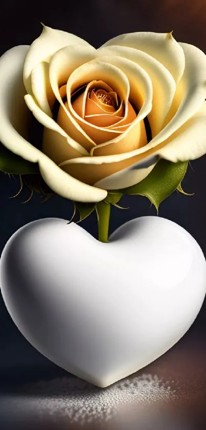 Yellow rose on a white heart with a dark background wallpaper.