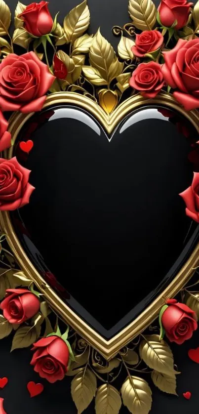 Rose heart wallpaper with gold accents and vibrant red roses.