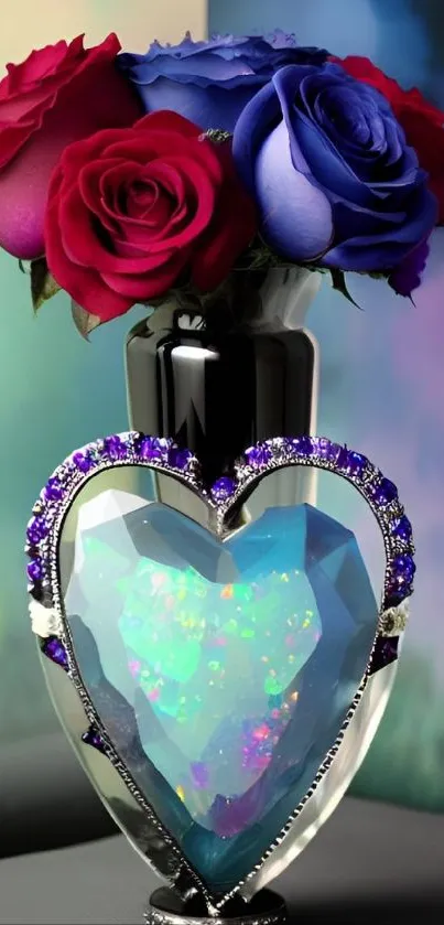 Elegant wallpaper featuring roses in a vase with a heart-shaped gemstone.