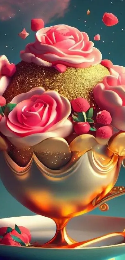 Luxurious gold ice cream with pink roses against a teal background.