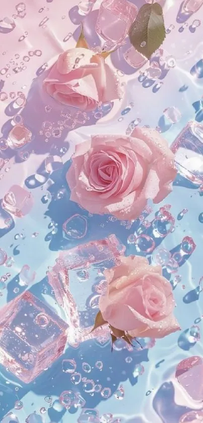 Pink roses with ice cubes on a pastel backdrop