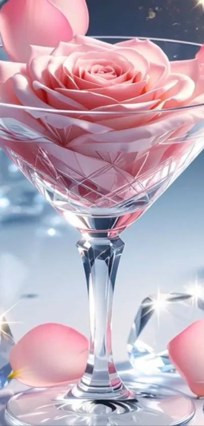 Pink rose in crystal glass with diamond accents.