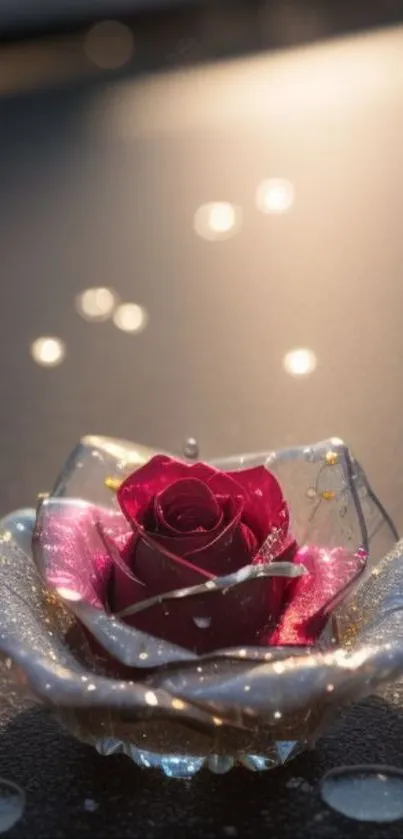 Red rose in translucent shell with golden dew in soft light.