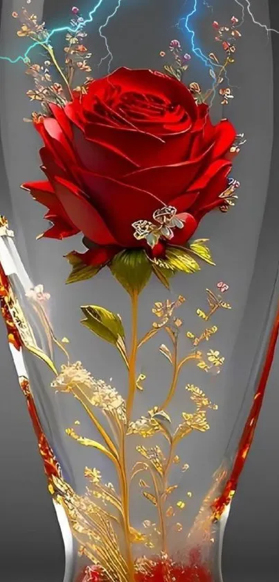 Artistic mobile wallpaper with a red rose encased in glass and golden accents.